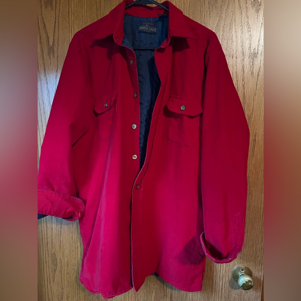 Vintage Mens Shirt Corduroy LARGE Relaxed Red Blue Button Up Lined‎ 80s Retro
